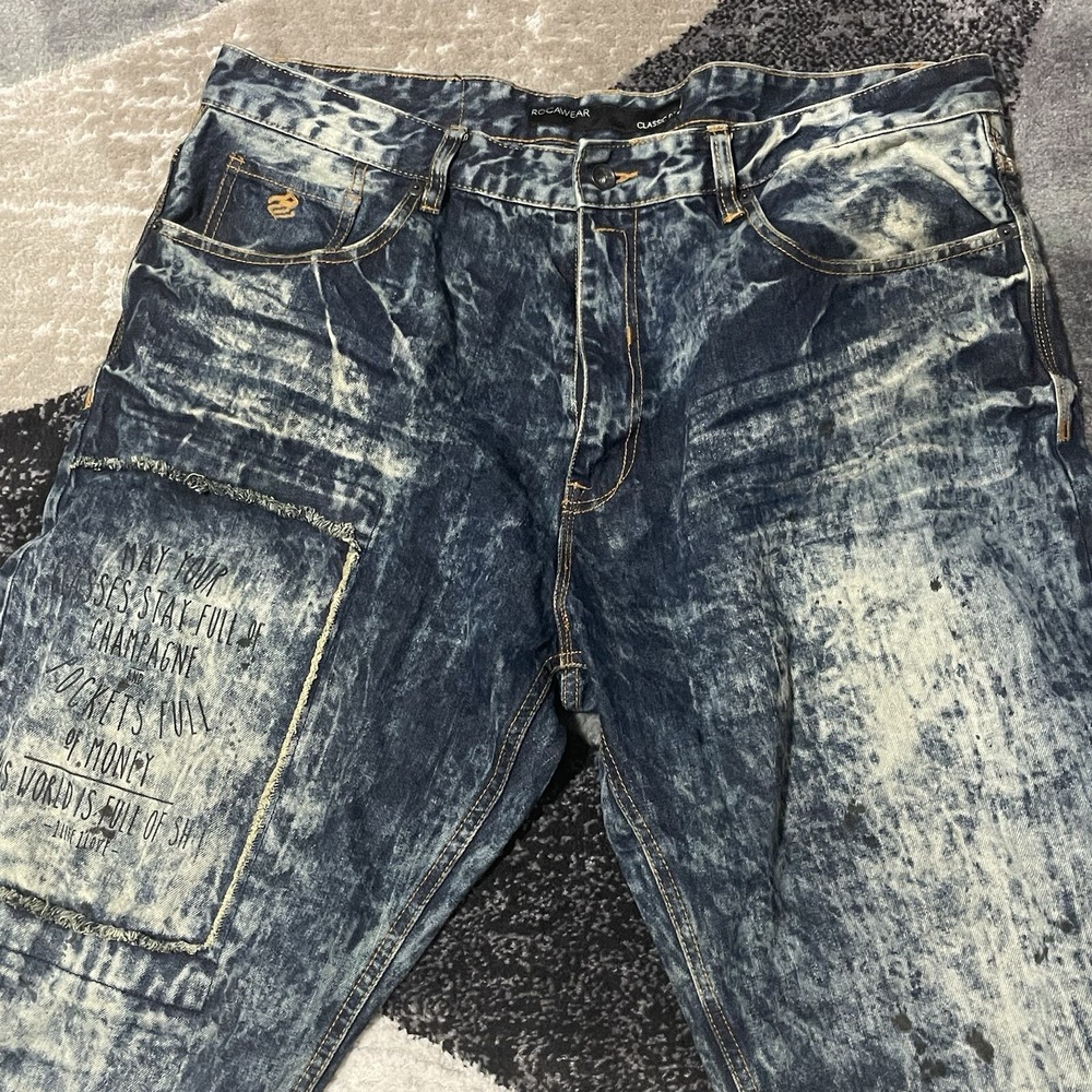 Vintage Rocawear Jeans Men 40x34 Blue Denim Baggy Wide Leg Y2K Acid Wash Hip Hop
